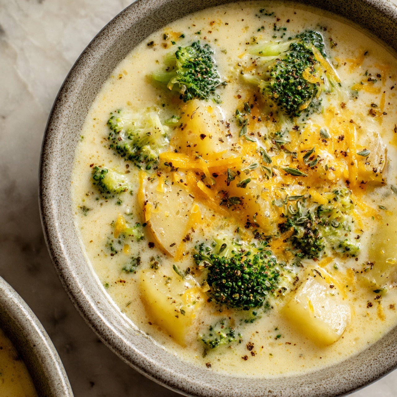 A close-up view of a grey bowl filled with creamy yellow soup that has chunks of light yellow potatoes and small green broccoli florets spread evenly on top. The soup is topped with scattered black pepper and finely grated orange cheese, adding texture and color contrast. The bowl sits on a surface with white marbled texture, and the background is softly blurred with hints of green and another bowl. The lighting highlights the creamy texture of the soup and the fresh look of the vegetables. photo taken with an iphone --ar 4:5 --v 7
