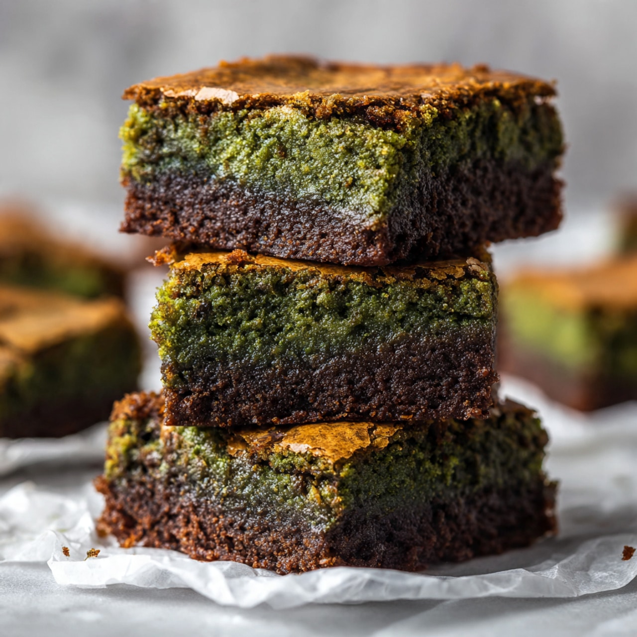 Three square green brownies are stacked on top of each other in the center of the image. Each brownie has a slightly golden-brown crust on the top and edges, with a dense and moist green inside texture. They sit on crumpled white parchment paper, with a white marbled surface as the background. In the background, there are a few more green brownies scattered and out of focus. Photo taken with an iphone --ar 4:5 --v 7
