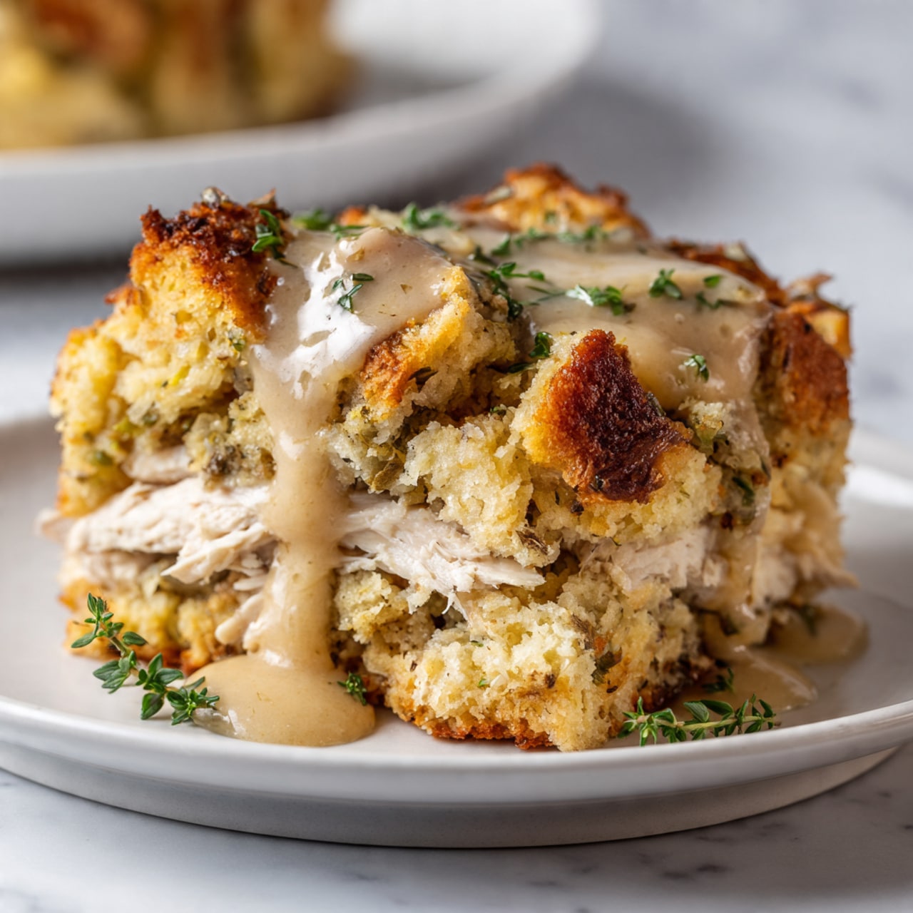 The dish shows a close-up of three layers on a white plate: the bottom layer is shredded light beige chicken, above it is a thick layer of golden-brown bread stuffing with a rough and crumbly texture, and the top layer is creamy light brown gravy draped unevenly over the stuffing and chicken. Small green herb sprigs are scattered on top, adding a touch of color. The background is softly blurred with a white marbled surface beneath the plate. Photo taken with an iphone --ar 4:5 --v 7