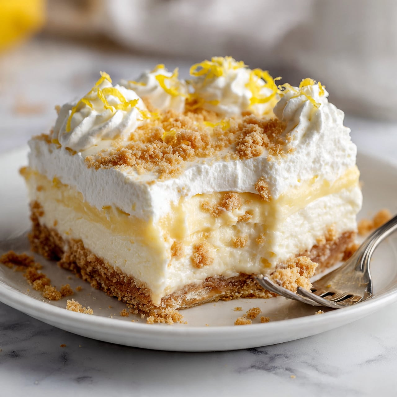 A close-up image shows a layered lemon pie held on a black fork. The dessert has four layers: a thick golden brown crumbly crust at the bottom, a smooth white creamy layer above it, a bright yellow lemon filling in the middle, and a fluffy white topping on top. The white topping looks soft and airy with some crumbs sprinkled on it. The pie rests on a white plate set on a white marbled surface. The focus is on the piece on the fork, with the rest of the pie blurred in the background. photo taken with an iphone --ar 4:5 --v 7