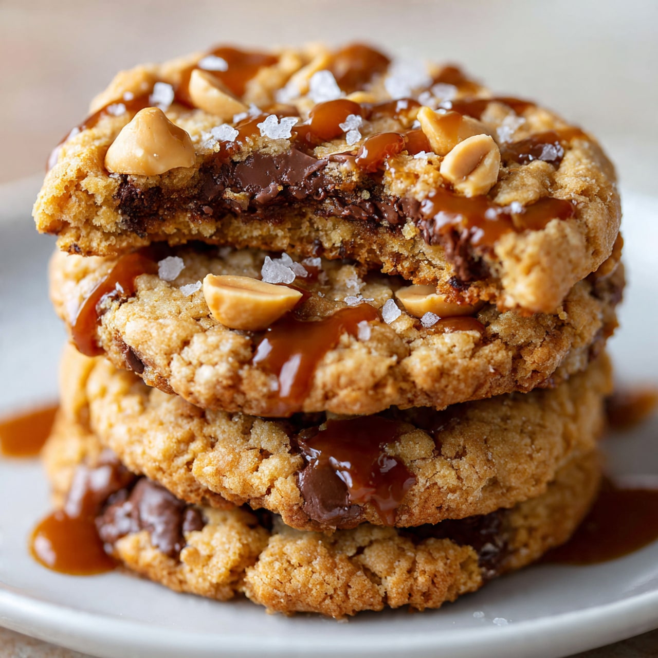 A stack of four cookies on a white bowl, each cookie golden brown and studded with light caramel-colored nuts and chunks of chocolate-covered pieces. Thick, glossy chocolate strips run across the top of each cookie, with tiny grains of sea salt sprinkled over the chocolate, adding texture. The cookies have a slightly crumbly surface with some darker caramelized edges, resting closely on each other, showing their rich and nutty ingredients up close. The background is a white marbled texture, giving a clean and bright setting. Photo taken with an iphone --ar 4:5 --v 7