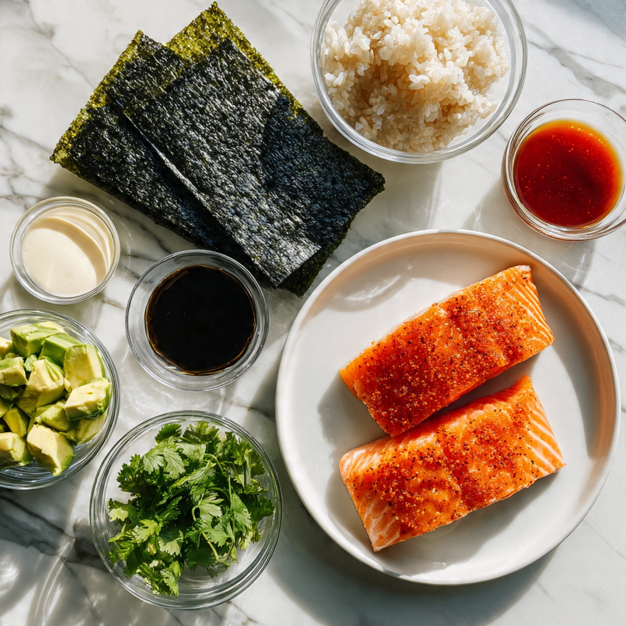 The image shows ingredients for a sushi dish arranged on a white marbled surface. In the center right, there is a white round plate holding two pieces of cooked salmon, rich orange with a slightly shiny and seasoned texture. To the left of the salmon, four rectangular sheets of dark green seaweed with a slightly crispy look are placed overlapping. Above the seaweed, a clear glass bowl contains light brown cooked rice with a fluffy texture. Below the seaweed is a small clear glass bowl with small pieces of chopped avocado and green cilantro leaves. There are also three small clear bowls: one with a pale creamy sauce is placed above the seaweed, one with a dark brown soy sauce below and a bright red sauce to the right of the salmon. The whole image is bright with natural light, showing the fresh colors of each ingredient photo taken with an iphone --ar 4:5 --v 7