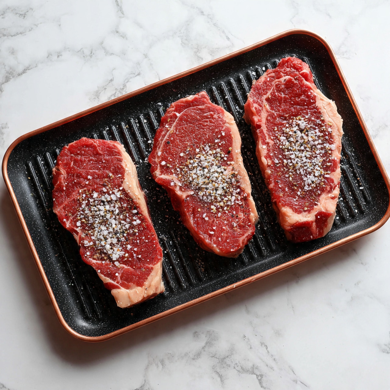 The image shows three raw red steaks placed side by side on a black grill plate with a copper-colored border. Each steak has a marbled texture with visible fat edges, and they are generously sprinkled with a light layer of white and black seasoning. The grill plate sits on a white marbled surface. Photo taken with an iphone --ar 4:5 --v 7