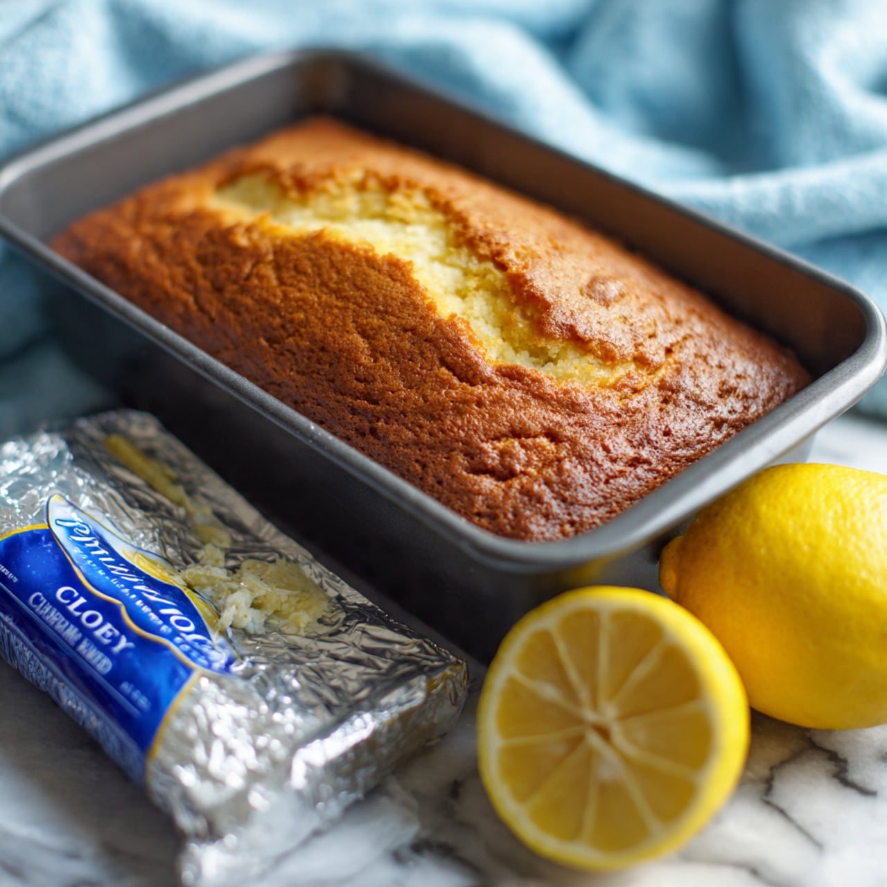 A loaf cake with a golden brown top and a lighter, cracked center sits in a dark grey baking pan. In front of the pan on a white marbled textured surface lies a whole bright yellow lemon, a half lemon showing its pale yellow inside, and a silver foil package of Philadelphia cream cheese with blue lettering. The background is softly blurred with a light blue cloth. photo taken with an iphone --ar 4:5 --v 7