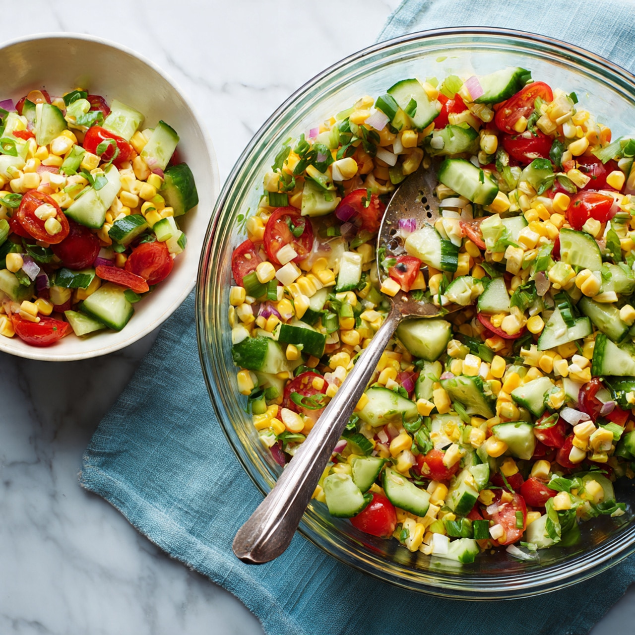 The image shows a clear glass bowl filled with a colorful salad on a white marbled surface. The salad layers include bright yellow corn kernels as the main base mixed evenly with small diced green cucumbers, red tomato pieces, and sliced green onions, creating a fresh and vibrant mix. The textures are a mix of firm corn kernels, crisp cucumber, and juicy tomato bits, all combined in a loose pile inside the bowl. photo taken with an iphone --ar 4:5 --v 7