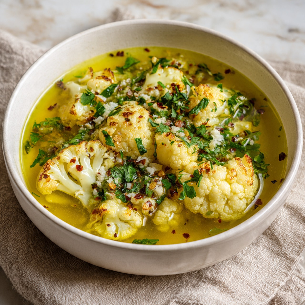 The image shows a white bowl filled with a creamy soup that has several golden-brown roasted cauliflower florets floating on top. The cauliflower pieces are light yellow with dark brown roasted spots, giving a crispy look. Around the cauliflower, there are small sprigs of fresh green herbs, likely dill, scattered on the surface of the soup. The soup base is rich and yellowish with a smooth, slightly oily texture. A silver spoon holds one large roasted cauliflower floret lifted above the bowl. The background is a white marbled texture with blurred bread and green herbs in soft focus. Photo taken with an iphone --ar 4:5 --v 7
