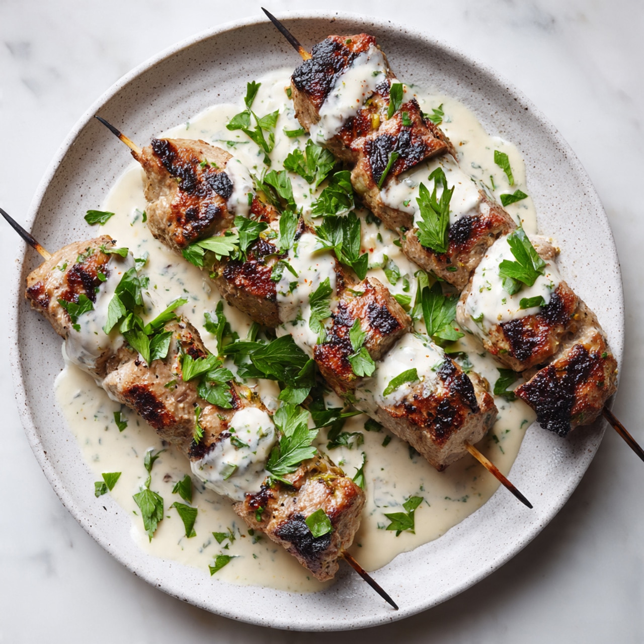 Four grilled skewers of light brown meat with a charred texture lie on a white plate with gray speckles. Each skewer is topped with creamy white sauce that has green herb flecks, and sprinkled with fresh green parsley leaves for garnish. Some sauce pools on the side of the plate, and a few loose parsley pieces rest beside the skewers. The background is a white marbled texture. photo taken with an iphone --ar 4:5 --v 7