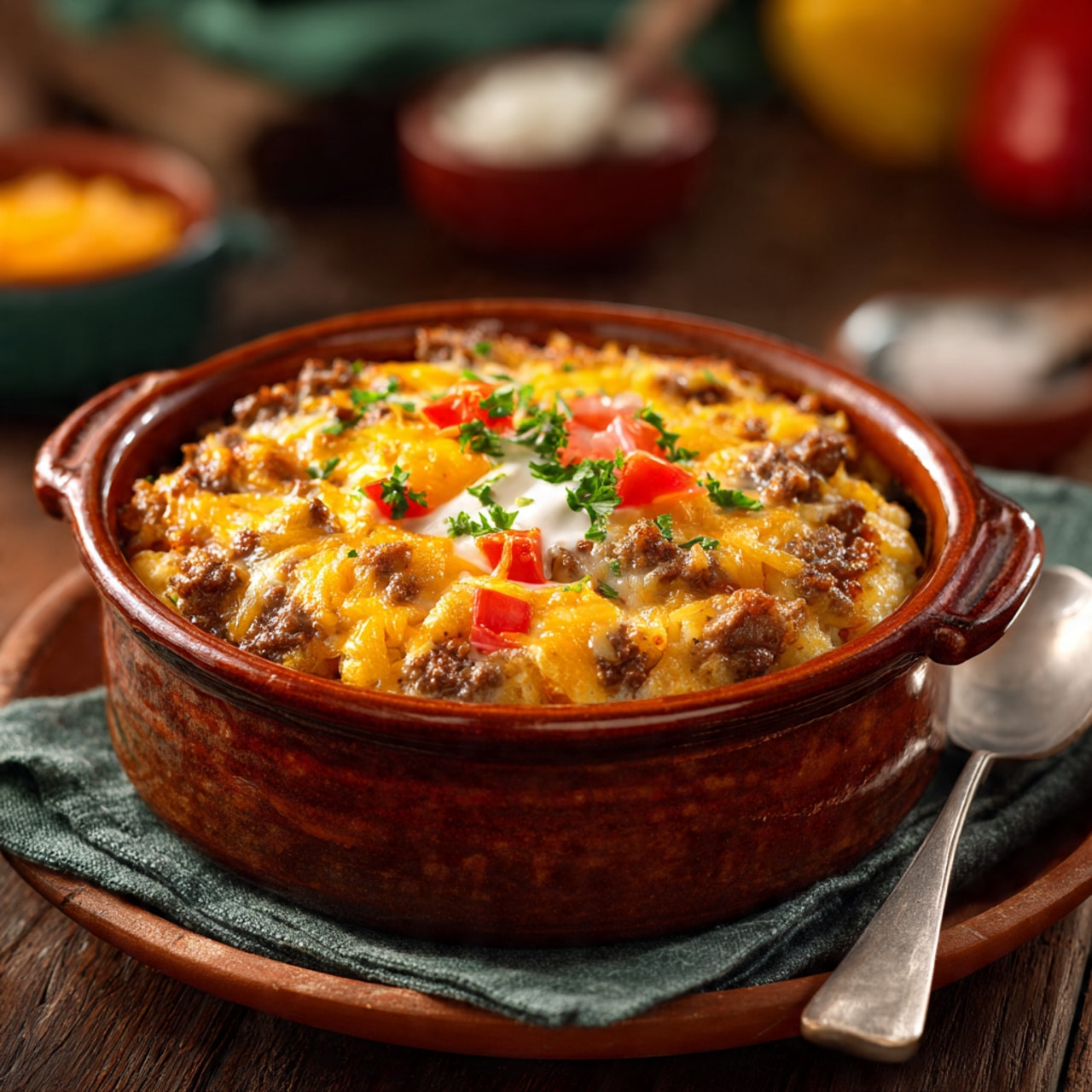 The dish is shown in a close-up on a white plate, placed on a white marbled surface. It has two main layers: the bottom layer is ground meat mixed with yellow corn kernels and small bits of onion, all covered in a slightly melted cheese sauce. The top layer consists of golden brown tater tots arranged neatly, coated with a drizzle of red ketchup. The textures show a mix of soft and crunchy elements, with the bright yellow of the corn and the rich orange of the cheese sauce contrasting against the crispy tater tots. Photo taken with an iphone --ar 4:5 --v 7
