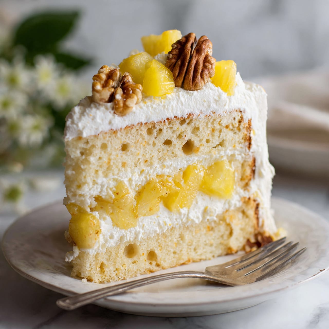 A close-up of a three-layer cake slice on a white plate with a silver fork. The bottom and middle layers are light yellow sponge cake with small holes and soft texture. Between and on top of the cake layers is a thick layer of white creamy frosting with smooth and fluffy texture. Inside and on top of the frosting there are yellow pineapple chunks giving a juicy look. Pieces of light brown nuts, including a walnut half, are placed on the top layer, adding texture and contrast. The background is softly blurred with a white marbled surface and some greenery out of focus. Photo taken with an iphone --ar 4:5 --v 7