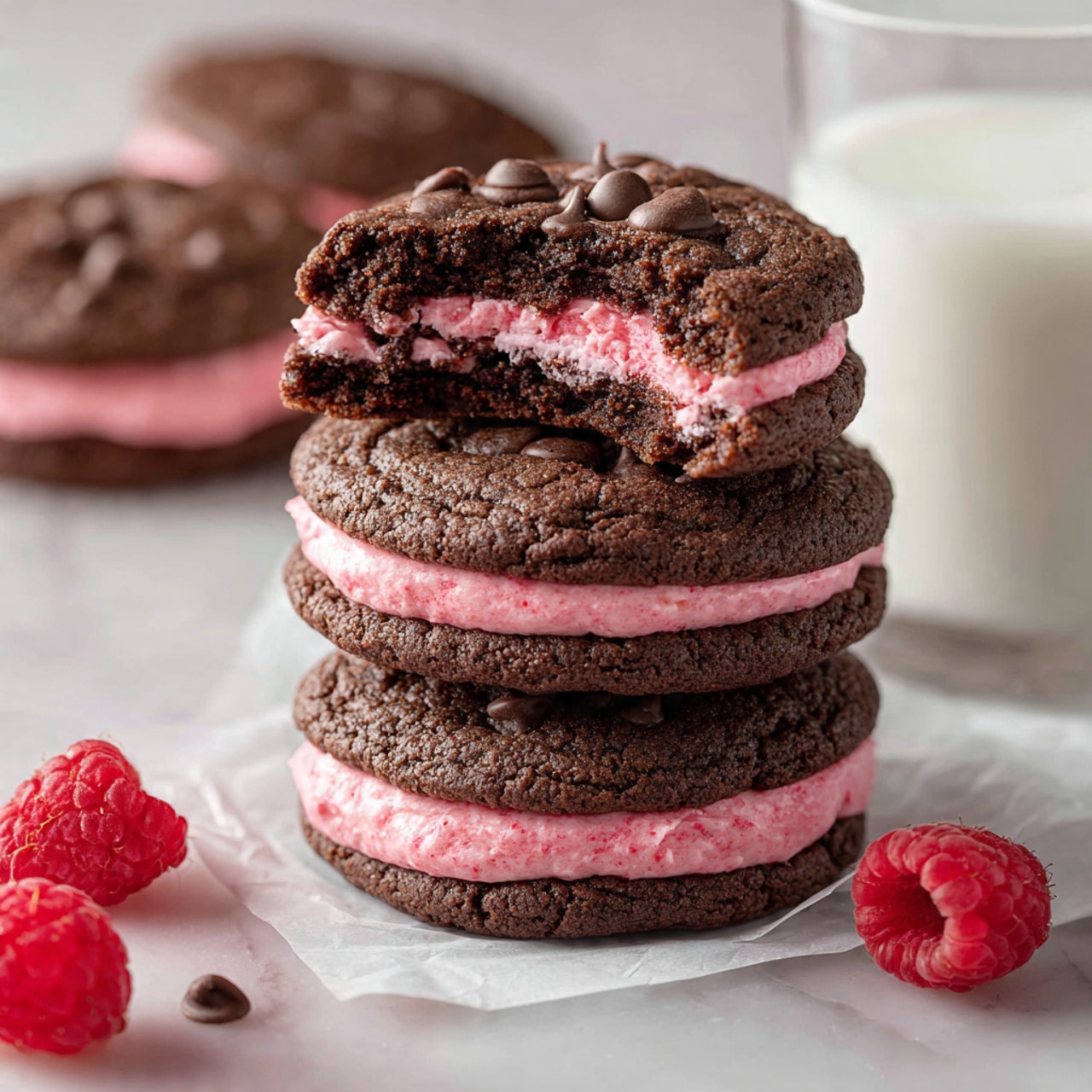 A stack of three dark chocolate cookies with chocolate chips on top is shown, each cookie layered with bright pink creamy filling in the middle. The top cookie is bitten, showing the soft pink filling inside and the chocolate chips in the cookie. The cookies are placed on white parchment paper on a white marbled surface. In the background, there is a clear glass filled with white milk and some fresh bright red raspberries on the surface near the cookies. A blurred stack of similar cookies appears further back. photo taken with an iphone --ar 4:5 --v 7