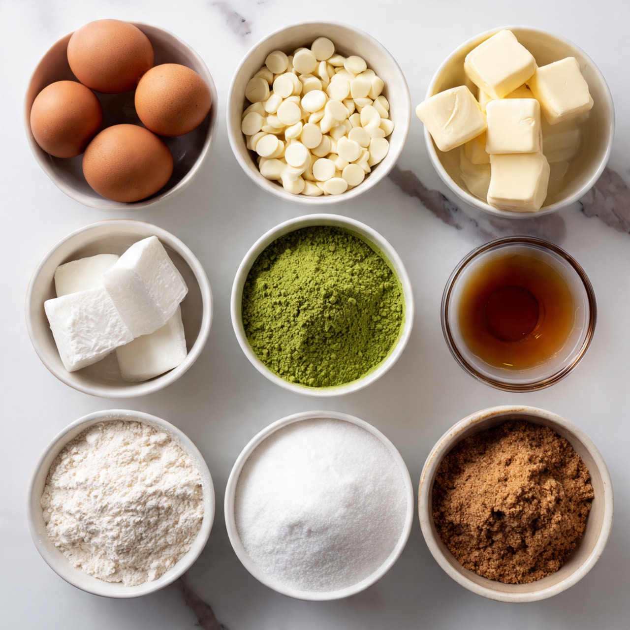 Eight white bowls arranged in three rows on a white marbled surface, each containing different baking ingredients: the top row has three brown eggs in the left bowl, white chocolate chips in the middle bowl, and white granulated sugar in a clear bowl on the right; the middle row shows butter slices in the left bowl, green matcha powder in a small clear cup in the center, and light brown liquid in a clear bowl on the right; the bottom row displays white granulated sugar in the left bowl, white flour in the middle bowl, and packed brown sugar in the right bowl. photo taken with an iphone --ar 4:5 --v 7