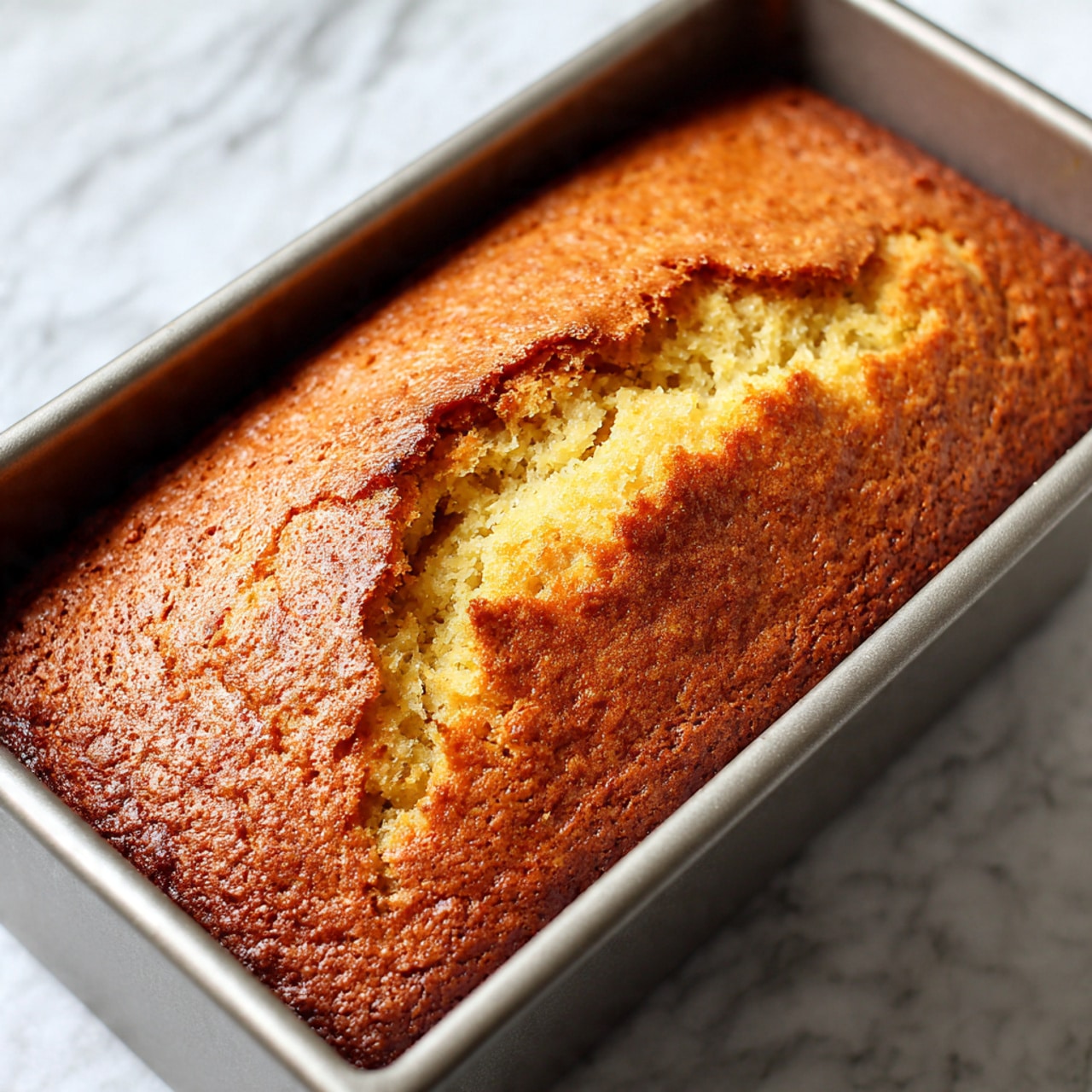A single loaf of golden brown quick bread with a cracked top showing a moist, slightly textured inside, sitting inside a silver metal bread pan. The bread's top surface is slightly darker around the edges and lighter in the middle, creating a warm, inviting color contrast. The pan rests on a white marbled surface, and the image is shot closely to capture the texture of the bread crust. photo taken with an iphone --ar 4:5 --v 7