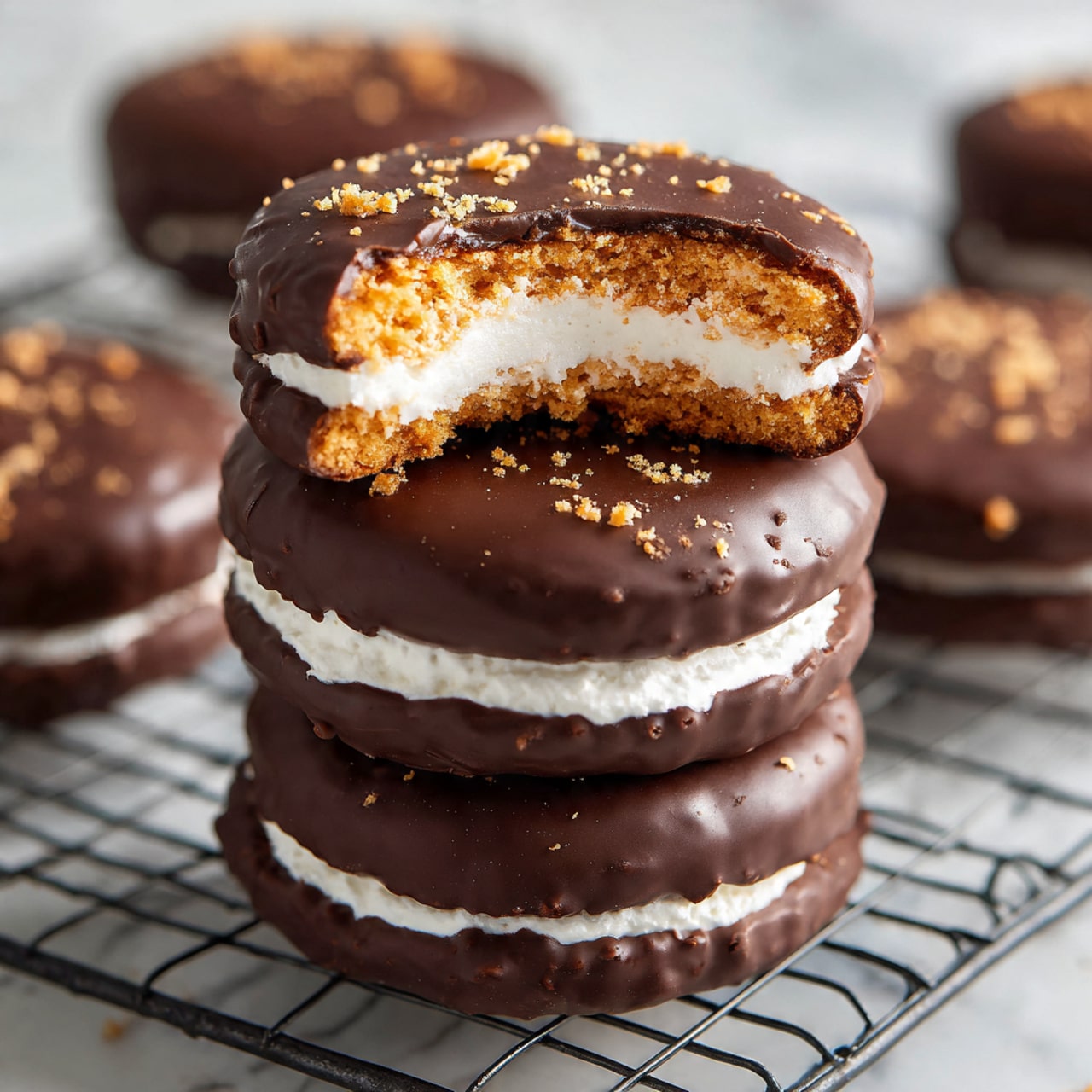 A wooden round tray is filled with many layers of round chocolate-covered sandwich cookies. Each cookie has three visible layers: a dark, glossy chocolate outer layer on top and bottom, with a thick middle layer of cream or filling. The chocolate surface is sprinkled with small white marshmallow bits and golden brown crumb pieces, adding texture and detail. The cookies are stacked and slightly overlapping, with some cookie crumbs and a few chocolate chips scattered around the tray. The tray stands on white metal legs set on a white marbled surface. photo taken with an iphone --ar 4:5 --v 7