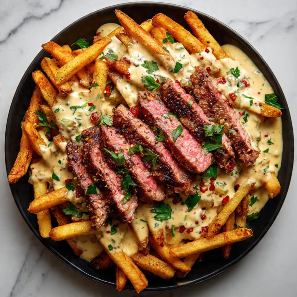 Grilled Steak Loaded Fries with Garlic Parmesan Sauce Recipe