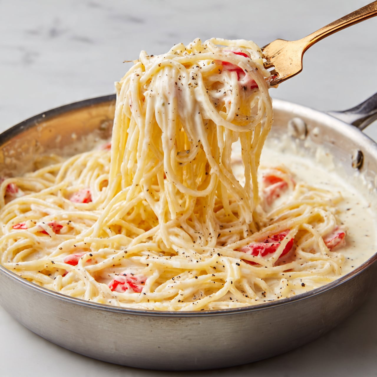 This image shows spaghetti coated in a creamy white sauce with visible black pepper specks, lifted by a fork above a pan. The noodles are long and lightly tangled, covered evenly with the smooth, thick sauce. Small pieces of red tomatoes and some white crumbly bits, possibly cheese, are mixed in the sauce in the pan below. The pan has a shiny silver finish and sits on a white marbled surface. Photo taken with an iphone --ar 4:5 --v 7