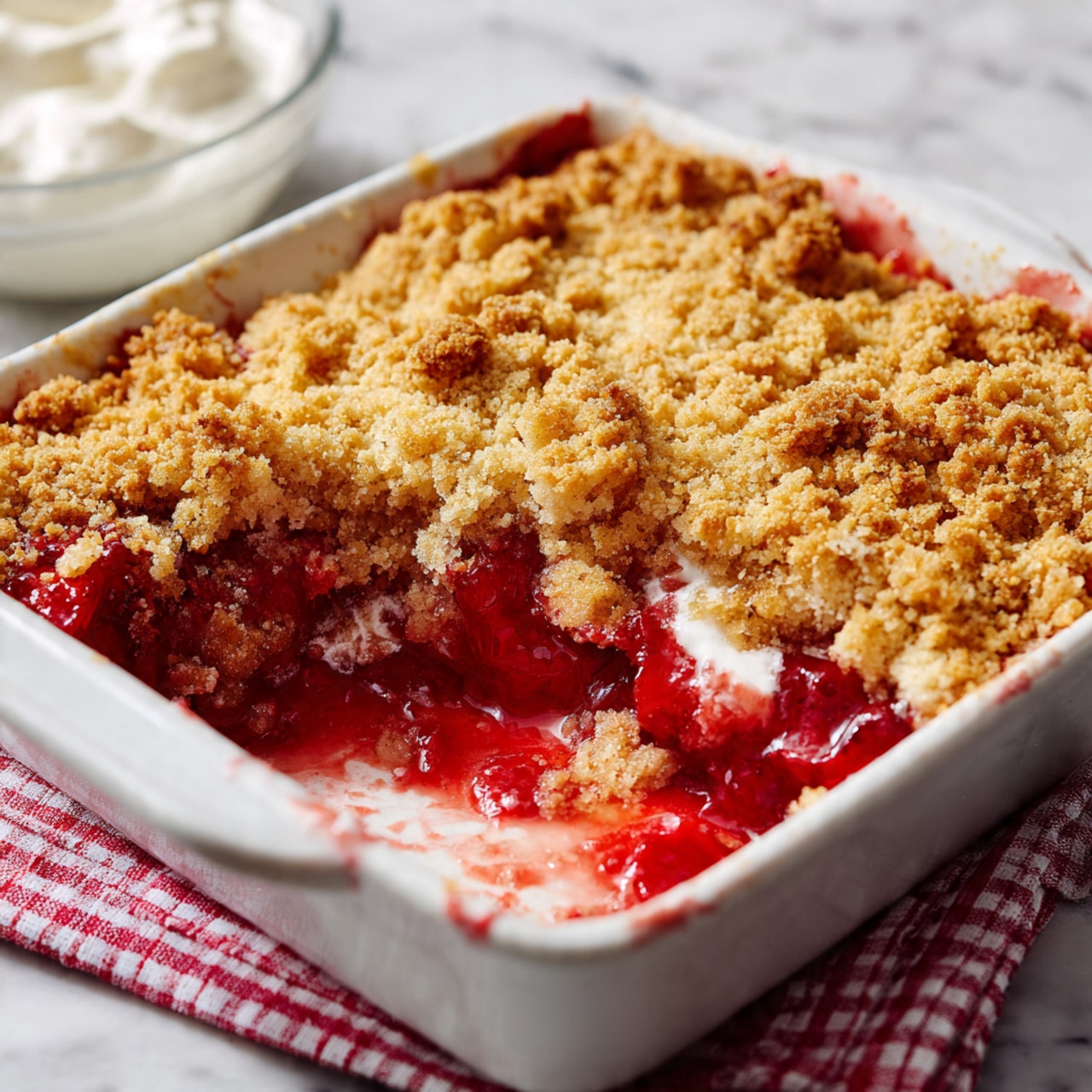 The image shows a white square baking dish with a partially eaten dessert inside. The dessert has two main layers: the top layer is a golden brown crumbly crust with a rough texture, and the bottom layer is a bright red, juicy fruit filling that looks soft and slightly runny. Some of the red fruit filling has been scooped out, revealing the white ceramic bottom of the dish with smeared traces of the dessert. The baking dish is on top of a white marbled surface with a red and white checkered cloth underneath. In the background, there is a clear glass bowl with white cream, slightly out of focus. Photo taken with an iphone --ar 4:5 --v 7