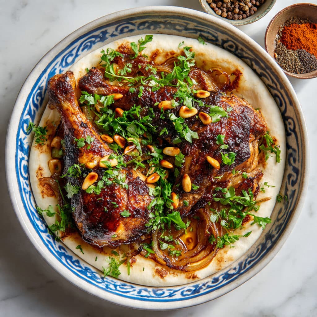 Musakhan: Palestinian Spiced Chicken Thighs with Caramelized Onions, Pine Nuts, and Taboon Bread Recipe