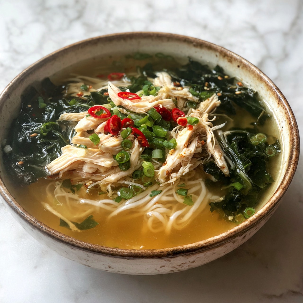 The image shows two white ceramic bowls filled with a clear, amber-colored broth. Inside the broth, there are light yellow noodles gathered at the bottom layer. On top of the noodles, there are shredded pieces of light brown chicken, scattered unevenly across the surface. This is garnished with bright green sliced scallions and small bits of dark red chili flakes, adding pops of color. The bowls are placed on a white marbled surface with soft natural light highlighting the textures of the broth and ingredients. Photo taken with an iphone --ar 4:5 --v 7