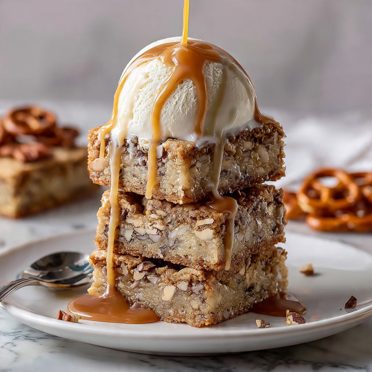The image shows a stack of three thick, square cookie bars filled with visible chocolate chips and nuts, each layer golden brown with a slightly crumbly texture. A glossy, rich caramel sauce is pouring down from the top, covering the sides and pooling slightly at the base on a white plate. On top of the stack is a large scoop of creamy white ice cream, which is smooth and soft, with caramel continuing to drizzle over it. The plate rests on a white marbled surface, and there is a silver spoon lying on the plate’s left side. A blurry stack of similar cookie bars and some pretzels appear in the background. Photo taken with an iphone --ar 4:5 --v 7