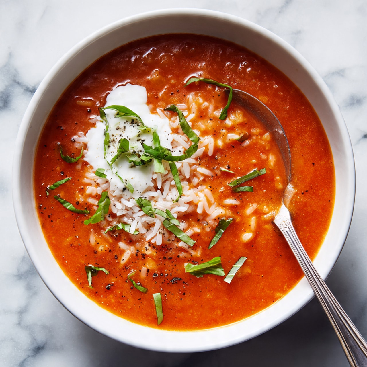 The image shows various ingredients arranged neatly on a white marbled surface, including a purple and red box of Success Jasmine rice on the left, a white bowl filled with chopped white onions near the center, a can of Cento San Marzano peeled tomatoes lying on its side in the foreground, a small ramekin with a cube of butter, another with chopped green herbs, and a third with dried green seasoning. To the right, there are two clear measuring cups, one with a light orange liquid and the other with white liquid, and a small white ramekin containing minced garlic. The setup appears clean and organized, ready for cooking. photo taken with an iphone --ar 4:5 --v 7