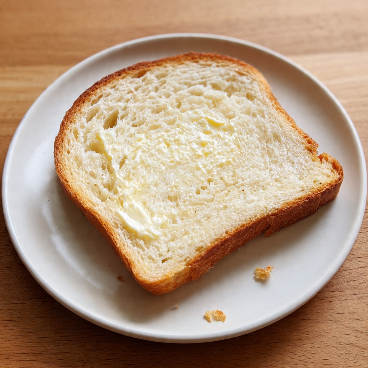 A single slice of bread is placed in the center of a white plate. The bread slice has a golden brown crust around the edges and a soft, light beige inside with many holes and an airy texture. A thin layer of melted butter is spread unevenly on the surface of the bread, giving it a slight shine. The plate rests on a wooden surface, visible only at the edges. A small crumb is visible near the bread slice. Photo taken with an iphone --ar 4:5 --v 7