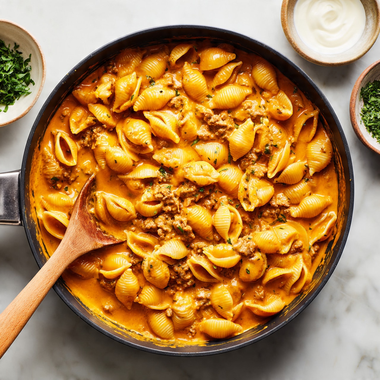 A white pan filled with shell pasta mixed with small pieces of ground meat in a creamy orange sauce, sprinkled with small green herb bits. The pasta shells are plump and coated evenly with the smooth sauce, with meat pieces spread throughout. The inside of the pan shows some sauce clinging to the edges, and the background is a white marbled surface. photo taken with an iphone --ar 4:5 --v 7