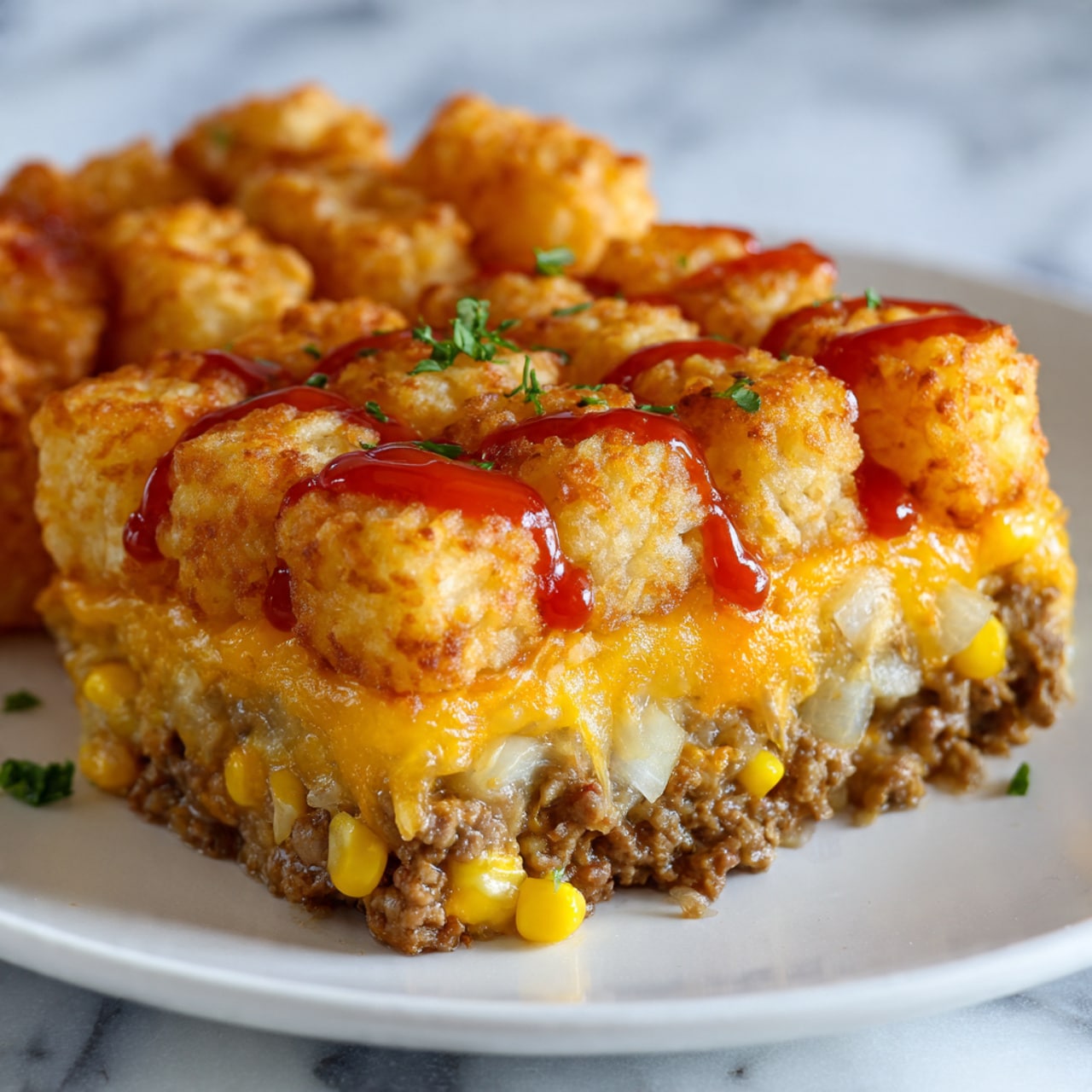 This image shows a glass baking dish with a layered tater tot casserole. The top layer is a thick, golden-brown layer of baked tater tots topped with melted yellow and white shredded cheese. Below the tater tots, you can see a creamy, light layer of mashed potatoes mixed with pieces of browned ground beef and some chopped green vegetables. The baking dish is placed on a white marbled surface, and some of the casserole has been served, revealing the inside layers. photo taken with an iphone --ar 4:5 --v 7