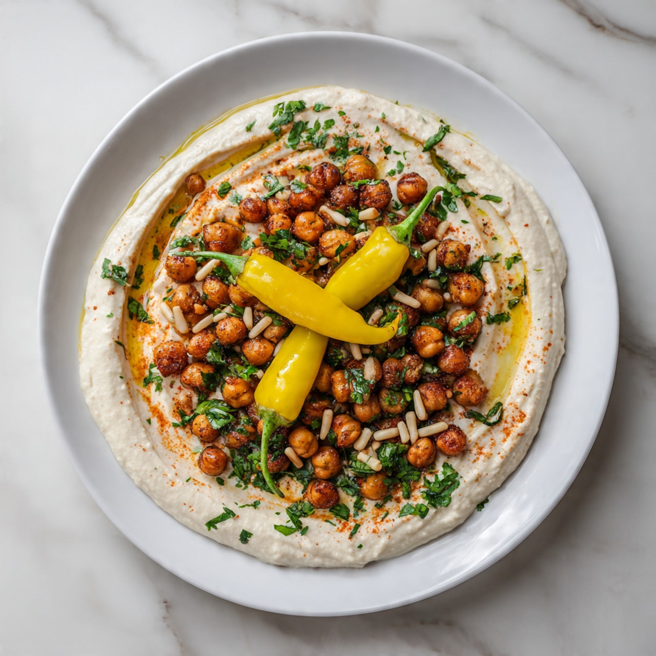 The dish shows a white plate filled with three main layers: the bottom layer is creamy and white with a soft texture, the middle layer consists of a heap of golden-brown roasted chickpeas covered with bits of chopped green herbs and small light tan pine nuts scattered on top, and the top layer features two bright yellow-green peppers placed near the center. The dish has a warm and fresh look, with slight reddish oil drizzles visible among the chickpeas and on the creamy base. The plate sits on a white marbled surface. photo taken with an iphone --ar 4:5 --v 7