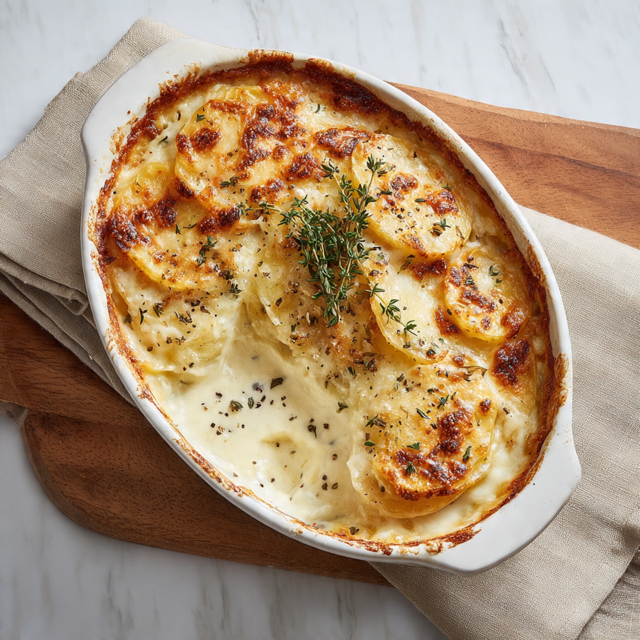 A white oval dish holds a creamy potato gratin with two visible layers: the bottom layer shows soft, thinly sliced potatoes in a smooth white sauce, and the top layer is golden brown melted cheese with slightly crisp edges. The top is speckled with coarse black pepper and a sprig of fresh green thyme rests in the center. A portion is scooped out from the front, revealing the soft inside and the white sauce pooling at the bottom. The dish is placed on a wooden board next to a beige cloth on a white marbled surface. photo taken with an iphone --ar 4:5 --v 7