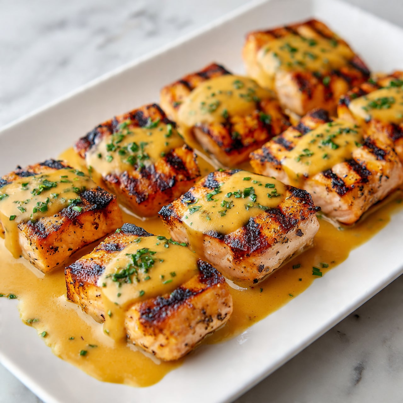 There are ten square pieces of grilled salmon with a golden brown top layer showing light char marks. Each piece has a smooth, creamy orange sauce poured over the top, slightly dripping down the sides. Small green chopped herbs are sprinkled on every piece, adding a fresh contrast. All pieces are neatly arranged close together on a white rectangular plate with a little sauce pooled around the base. The plate is placed on a white marbled surface. photo taken with an iphone --ar 4:5 --v 7