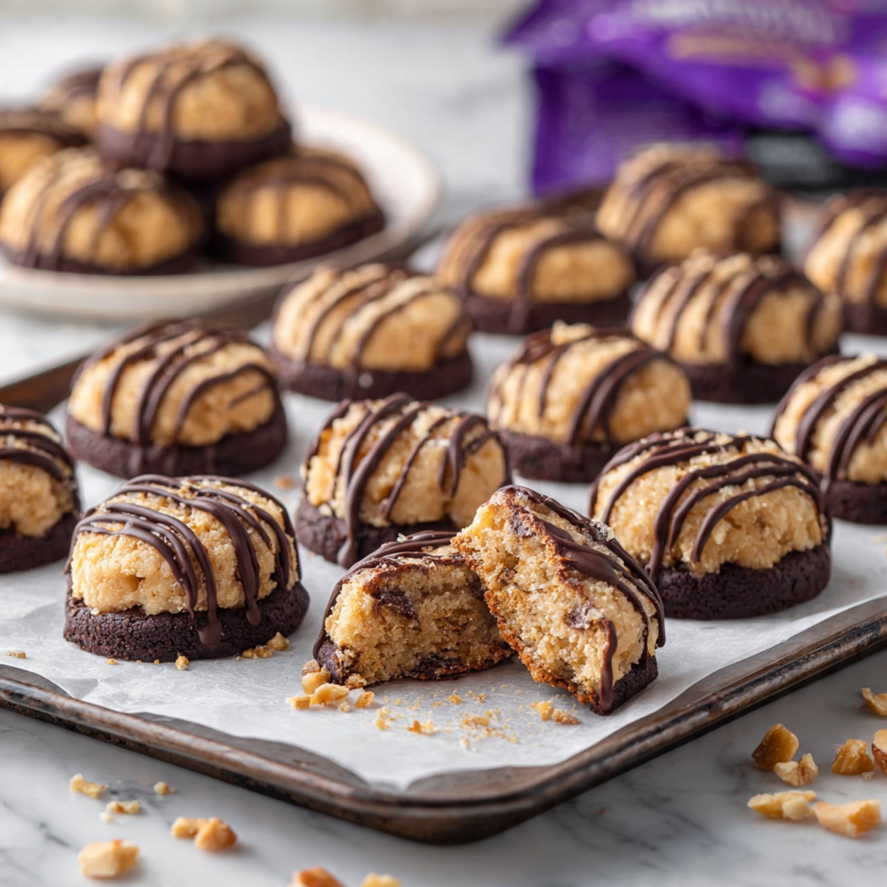 The image shows a baking tray lined with white parchment paper, filled with small round cookies arranged in rows. Each cookie has three visible layers: a dark chocolate base layer that covers the bottom and sides, a middle dense beige layer with a crumbly texture containing nut pieces, and a thin dark chocolate drizzle striped across the top. One cookie near the center has a bite taken out, revealing the soft, dense inner layer. Crumbs and nut fragments are scattered around the cookies on the parchment paper. In the background, there is a blurred purple bag and more cookies, all set on a white marbled surface. photo taken with an iphone --ar 4:5 --v 7