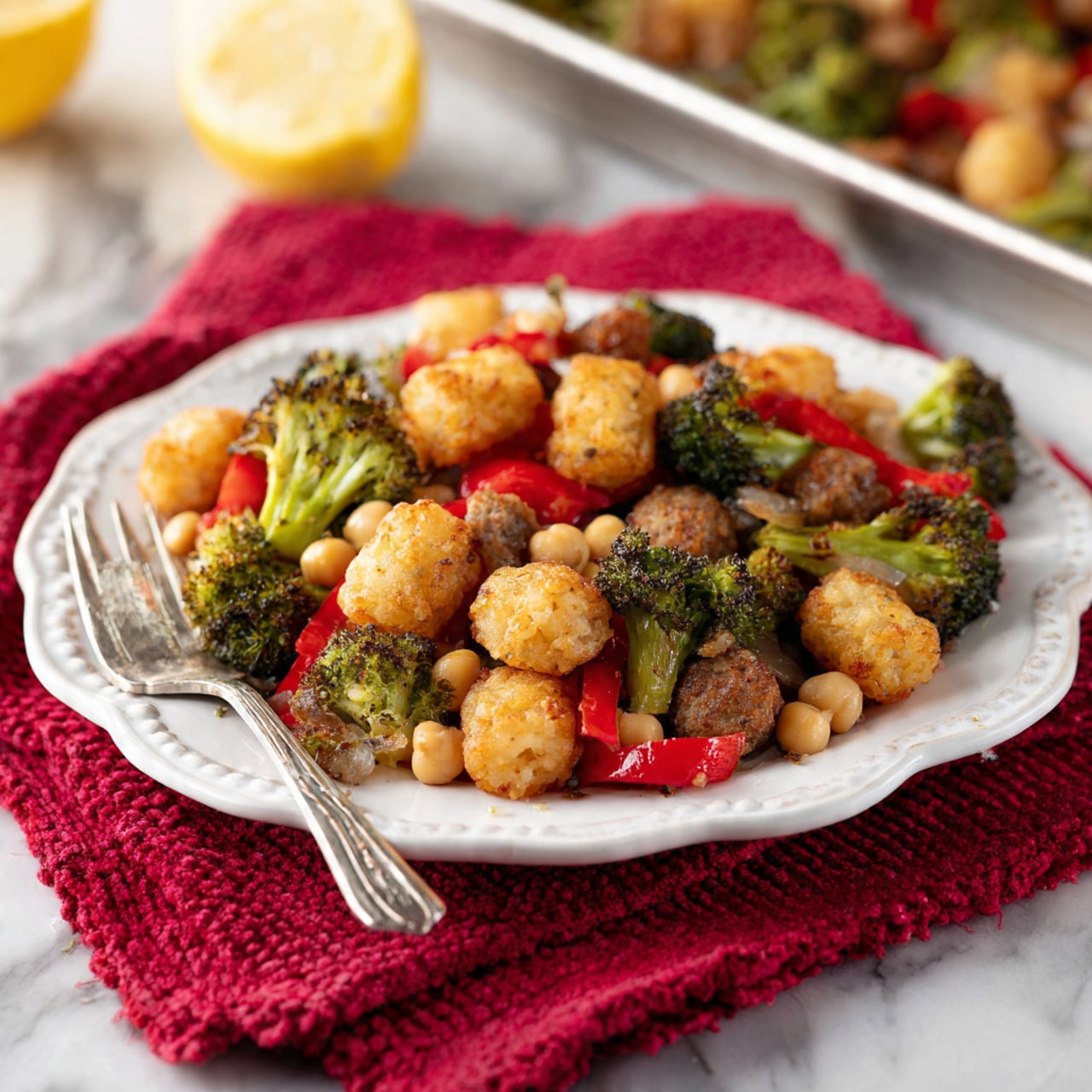 A white scalloped plate holds a colorful mix of roasted broccoli florets, golden crispy tater tots, cooked chickpeas, sautéed red bell pepper slices, and browned sausage pieces, all mixed together evenly. The tater tots have a crunchy texture and light golden color. The broccoli is bright green with some charred spots. The red bell peppers add a fresh, glossy red layer among the soft chickpeas and sausage slices which are browned with a slight crisp. A silver fork lies on the plate, resting on a red textured cloth beneath, with a white marbled surface underneath. In the background, parts of similar plates and a metal tray with more of the mix can be seen alongside a partially sliced lemon. Photo taken with an iphone --ar 4:5 --v 7