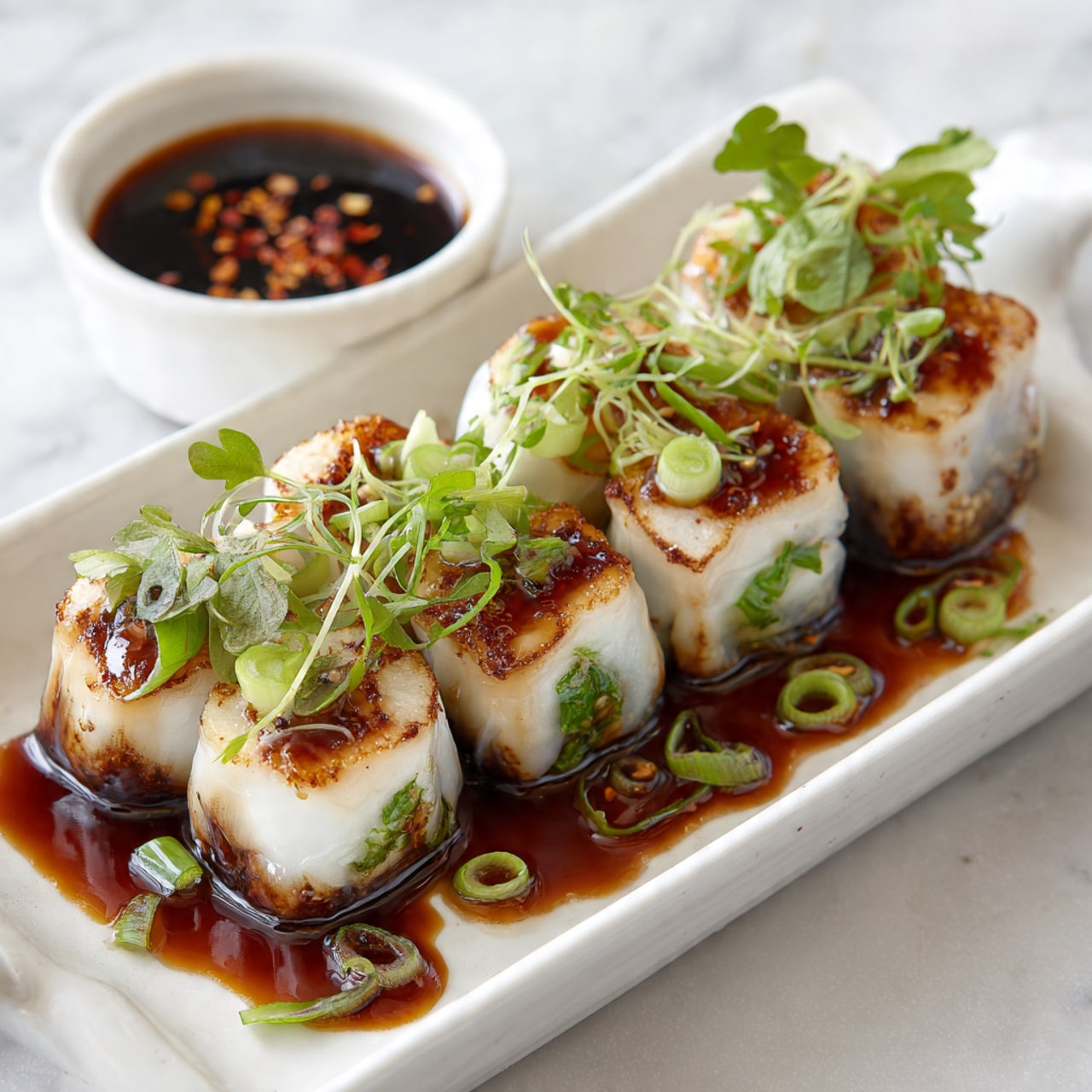 A white rectangular plate on a white marbled surface holds six small rolls arranged in two neat rows of three. Each roll is wrapped in a thin, glossy translucent white rice paper, revealing a dark brown filling inside mixed with bright green chopped herbs. The rolls are lightly glazed with a shiny brown sauce that pools slightly around them. Garnishes of green onion slices and fresh green leaves sit at one end of the plate. A small white bowl of dark brown dipping sauce with chili flakes sits near the top left corner of the plate. photo taken with an iphone --ar 4:5 --v 7
