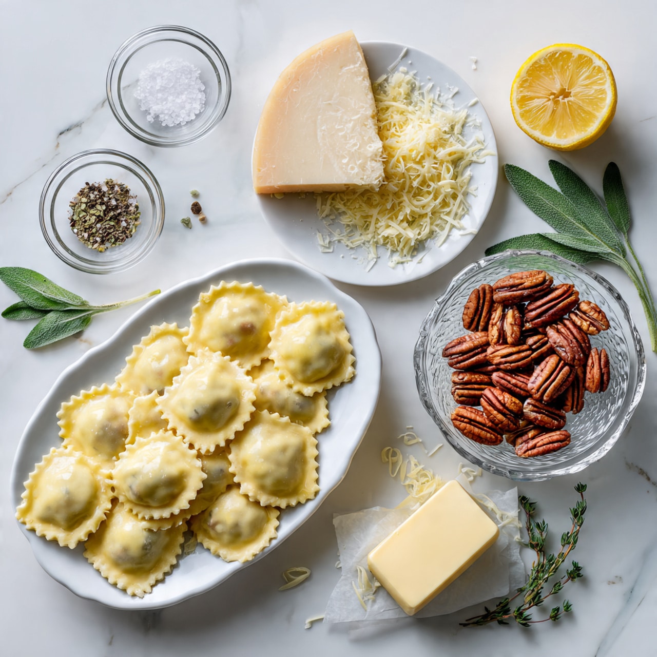 A white oval plate holds a pile of square ravioli with pale yellow pasta and crimped edges, arranged loosely in layers. To the side, a white plate contains a wedge of hard cheese with pale yellow to beige tones, surrounded by thin cheese shavings scattered around it. Below the cheese, an unwrapped stick of light yellow butter rests diagonally on the white marbled surface. Near the top right, a clear glass bowl is filled with whole reddish-brown pecans, with a few pecans spilled onto the surface. Fresh green sage leaves and sprigs of thyme lie near the plates, adding vibrant green contrast. Two small glass bowls at the top left hold coarse salt and black pepper. In the bottom right corner, a halved lemon shows its bright yellow flesh and white pith. The entire setup is on a white marbled textured background. Photo taken with an iphone --ar 4:5 --v 7