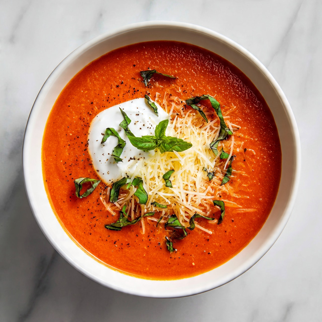 A deep white bowl holds a smooth, rich orange-red tomato soup filling almost to the rim. On top, there is a dollop of white cream in the upper left center, surrounded by finely shredded pale yellow cheese that spreads loosely across the middle. Charcoal green thin strips of fresh basil leaves are scattered unevenly around the surface, adding color contrast. The bowl sits on a white marbled surface with soft shadows around the base, giving a clean and fresh look. photo taken with an iphone --ar 4:5 --v 7