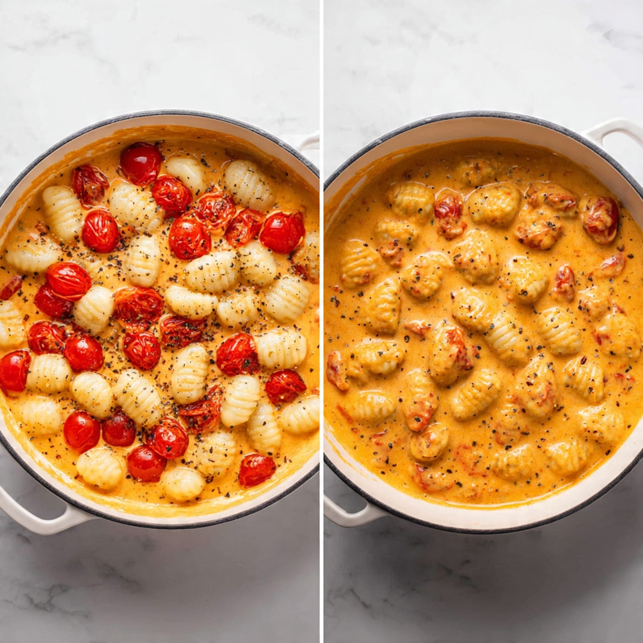 The image shows two close-up views of a round white pot containing gnocchi and cherry tomatoes in a creamy sauce. On the left side, the pot is layered with a bottom layer of bright orange creamy sauce mixed with whole red cherry tomatoes, and a top layer of plain, soft white gnocchi pieces piled above the sauce. On the right side, the gnocchi and cherry tomatoes are combined in the thick, smooth orange sauce, with the gnocchi coated evenly and the cherry tomatoes visible throughout. The texture of the sauce looks creamy and glossy with small black pepper bits, while the gnocchi have a ridged and soft appearance. The background is a white marbled texture. Photo taken with an iphone --ar 4:5 --v 7
