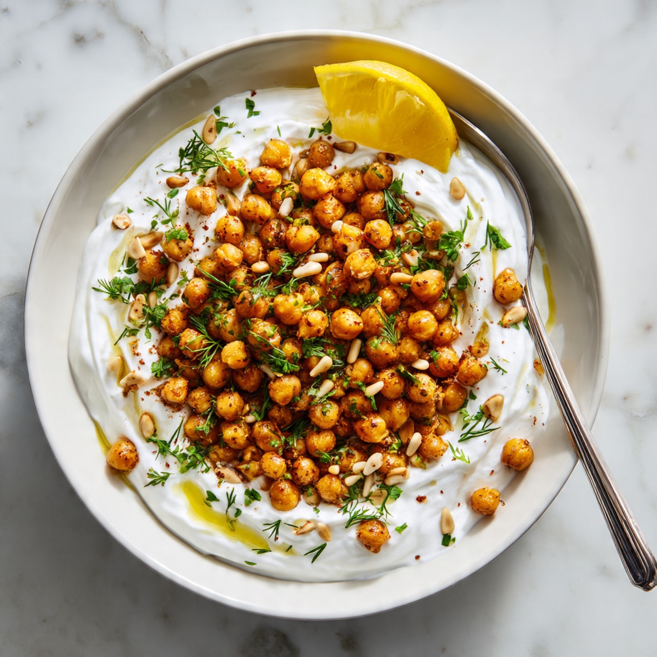 The dish shows a white bowl filled with a base layer of white creamy yogurt with a slightly wavy texture, topped with a thick layer of roasted chickpeas that are golden brown with a crisp surface. Scattered over the chickpeas are small pine nuts and finely chopped green herbs. There is a yellow pepper placed on top, and a silver fork is resting on the right side of the bowl. The bowl sits on a white marbled surface. Photo taken with an iphone --ar 4:5 --v 7