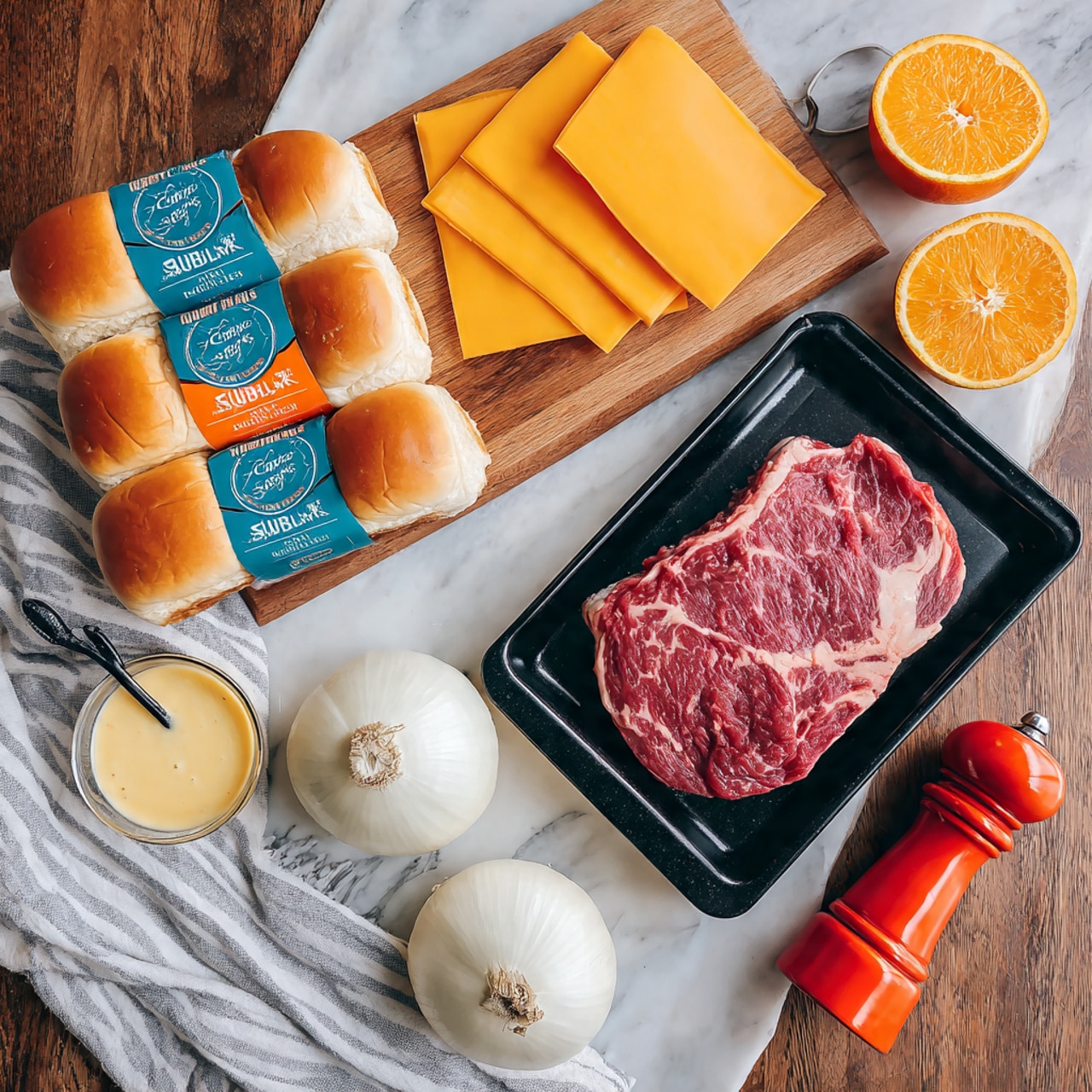 The image shows ingredients for making steak sliders arranged on a wooden surface replaced with a white marbled texture. In the center, there's a black baking tray holding a raw red steak with white marbling. Above it, several bright orange slices of cheddar cheese lie on a wooden board. To the left, there is a pack of King's Hawaiian sweet slider buns with a teal and orange label. Below the buns, two whole white onions are placed side by side. Near the bottom left corner, a small glass cup filled with a creamy yellow sauce is topped with a black spoon. On the right side, an orange pepper grinder and a red pepper grinder rest on a white and gray striped cloth. photo taken with an iphone --ar 4:5 --v 7