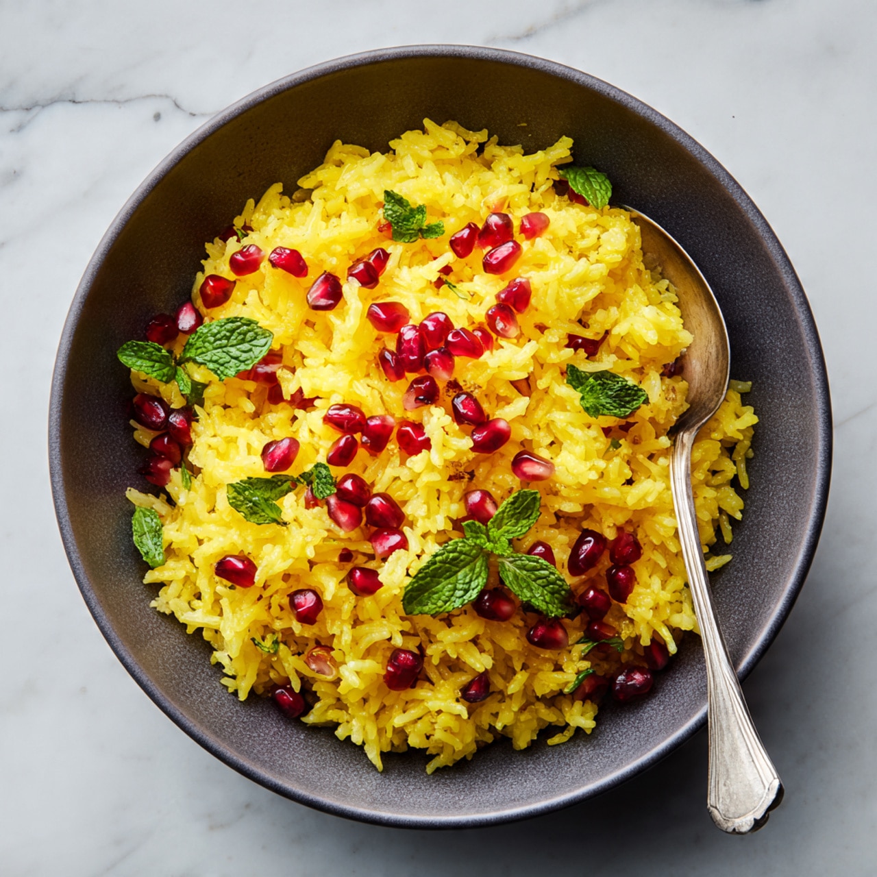 This image shows a deep gray bowl full of bright yellow rice that looks fluffy and loose. Scattered on top are small shiny red pomegranate seeds and a few fresh green mint leaves for decoration. A silver spoon rests inside the bowl, partially under the rice, on the right side. The bowl sits on a white marbled surface that softly reflects light, making the colors of the food stand out clearly. photo taken with an iphone --ar 4:5 --v 7