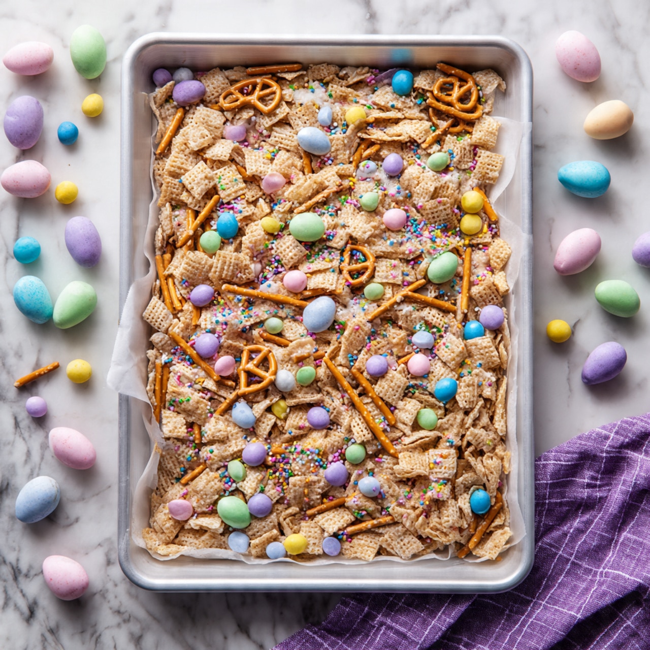 A close-up of a snack mix in a white bowl showing multiple layers of light beige cereal pieces coated with white frosting, scattered with colorful round candy-coated chocolates in pastel pink, purple, blue, yellow, and green, along with small rainbow-colored sprinkles and thin light brown pretzel sticks. The mix has a soft, textured look with a mix of smooth candies and crunchy cereal clusters, all sitting on a white marbled surface. photo taken with an iphone --ar 4:5 --v 7