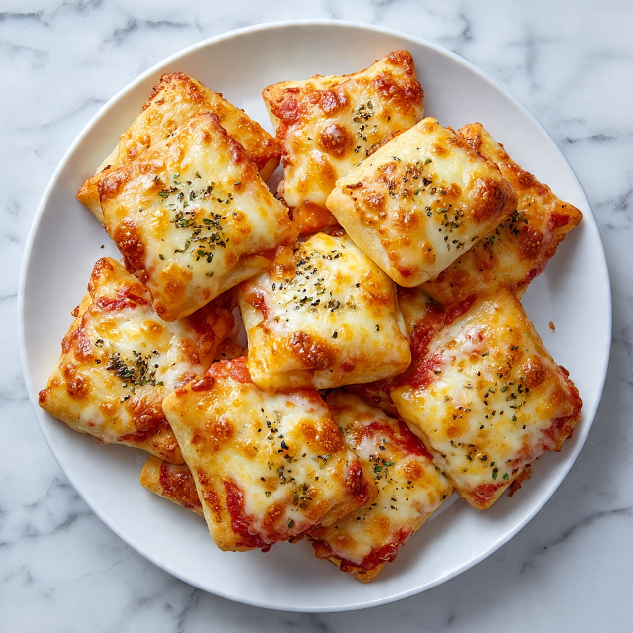 The image shows a white square plate filled with nine small, square pizza rolls arranged in three rows of three. Each pizza roll has a golden-brown, baked dough exterior on the bottom and sides, with melted cheese browned on top. The cheese is bubbly with some darker golden spots, sprinkled with small green herb flakes and black pepper, giving a lightly textured look. Bright red tomato sauce peeks out slightly from the edges of a few rolls, adding a vibrant contrast to the warm yellow cheese and light dough. The background is a white marbled surface, enhancing the colors of the pizza rolls. photo taken with an iphone --ar 4:5 --v 7