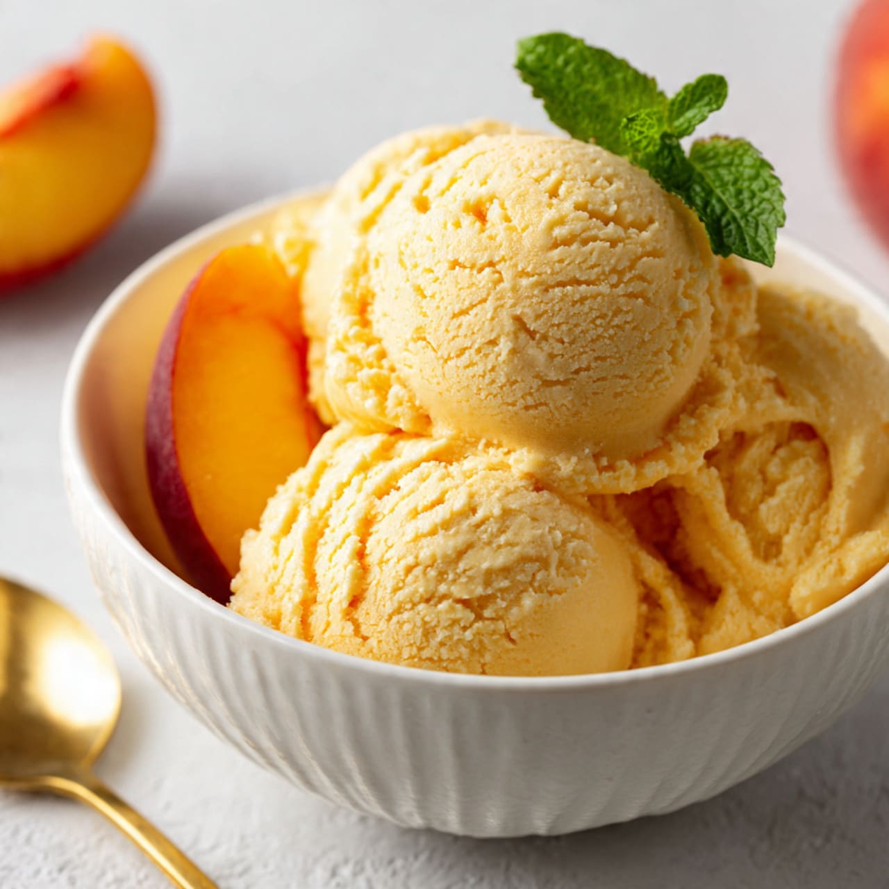 Two smooth, pale yellow ice cream scoops sit side by side in a small clear glass bowl with scalloped edges, placed on a white cloth with orange and red floral patterns. Behind the bowl, there is a clear container filled with the same pale yellow ice cream and a silver ice cream scoop resting inside it. A shiny silver spoon lies to the upper right of the bowl on a white marbled surface. The scene is bright and clean, focused on the creamy texture of the ice cream. photo taken with an iphone --ar 4:5 --v 7