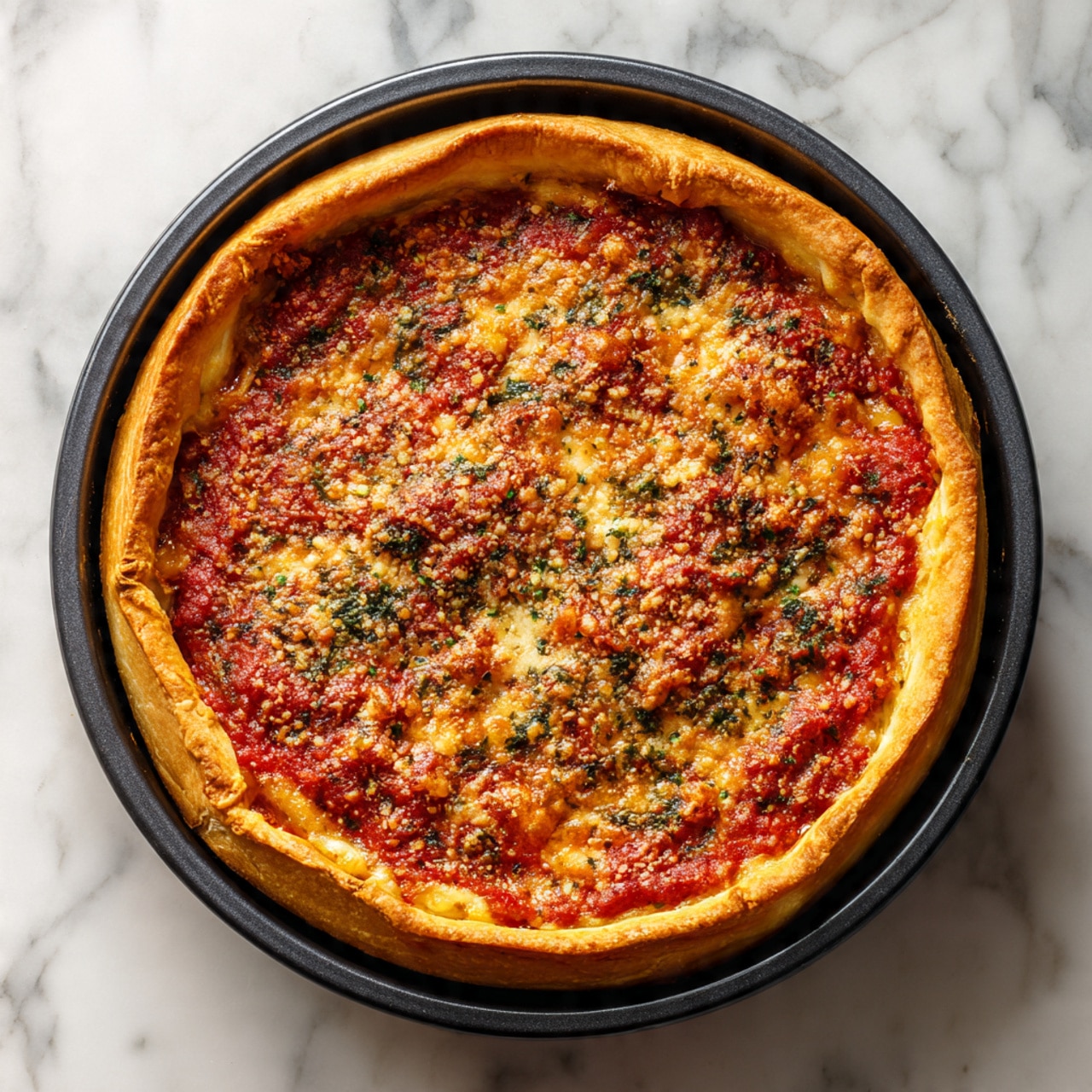 A deep dish pizza in a round black pan, with three visible layers: the bottom thick crust is light beige and puffy, the middle layer is dark green and red with hints of herbs and sauce, and the top layer is a thick spread of red tomato sauce covered evenly with a golden brown cheese topping that looks slightly grainy. The pan sits on a white marbled surface inside a warm oven. Photo taken with an iphone --ar 4:5 --v 7