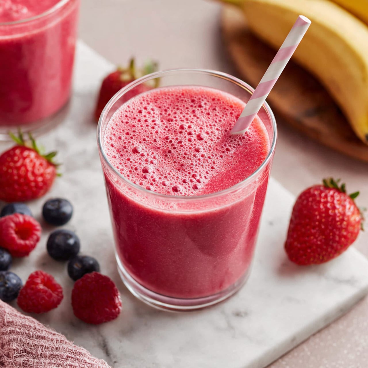A clear round glass filled with a bright pink smoothie showing a smooth, bubbly texture on top, with a white and light pink striped straw placed at the right side of the glass. The glass sits on a white marbled surface surrounded by fresh strawberries, raspberries, and blueberries, with a peeled banana and a pink textured cloth in the background. Another partially visible glass with the same pink smoothie is placed on a brown wooden board in the top right corner. Photo taken with an iphone --ar 4:5 --v 7