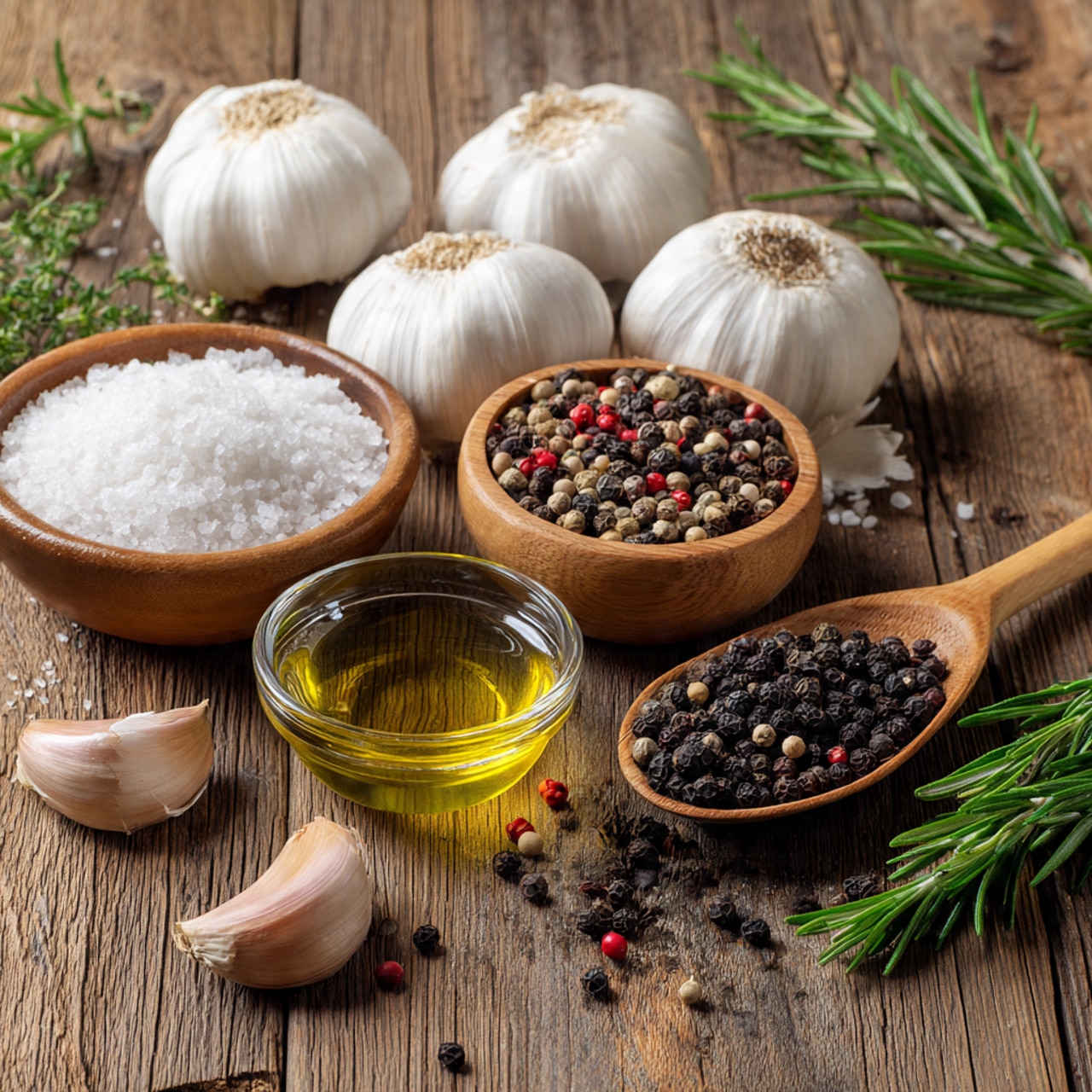 This image shows a wooden surface with several garlic bulbs and cloves scattered around, their white papery skin contrasting with the brown wood. There are two small wooden bowls, one filled with coarse white sea salt and the other with mixed peppercorns in black, white, and red colors. A wooden spoon on the right holds more black peppercorns. In the center, there is a small clear glass bowl with golden olive oil. Sprigs of fresh green rosemary are placed on the left and bottom right corners, adding a touch of fresh green color to the scene. photo taken with an iphone --ar 4:5 --v 7