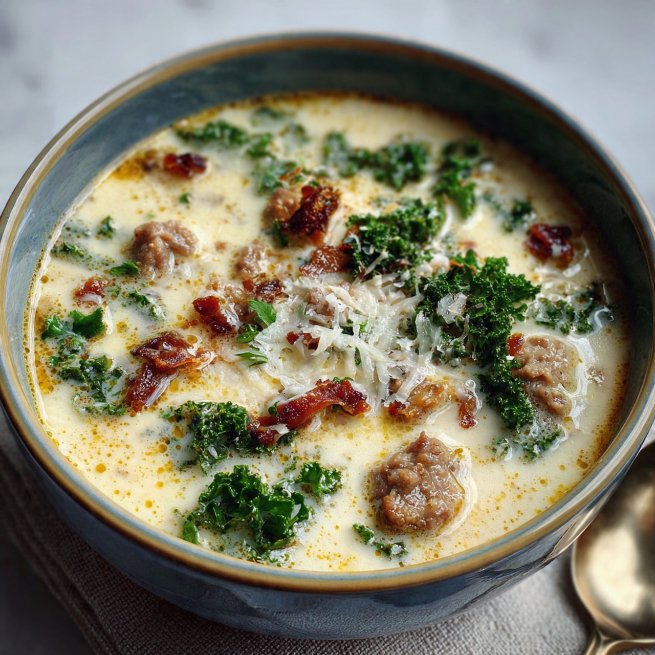 A white bowl filled with a thick soup that has 3 main layers visible: the bottom layer is a vibrant yellow-green broth, the middle layer consists of soft, cooked cauliflower pieces that are slightly browned on top, and the top layer is sprinkled with finely chopped fresh green herbs and small bits of white cheese. There are also tiny red spice flakes scattered on the cauliflower and broth surface. The bowl rests on a beige cloth with a white marbled surface underneath. Photo taken with an iphone --ar 4:5 --v 7