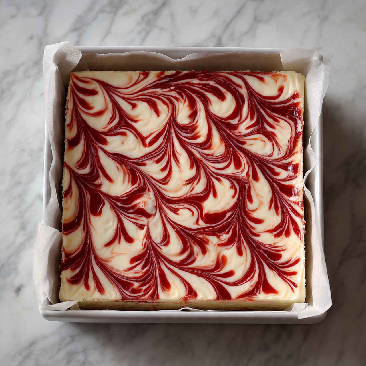 A square white baking pan lined with parchment paper holds a layered dessert with a creamy white top layer and swirled red sauce creating a feather-like pattern across the surface. The dessert appears smooth and thick, with the red swirls evenly spaced in rows, forming a decorative design. The pan is set on a white marbled surface. photo taken with an iphone --ar 4:5 --v 7