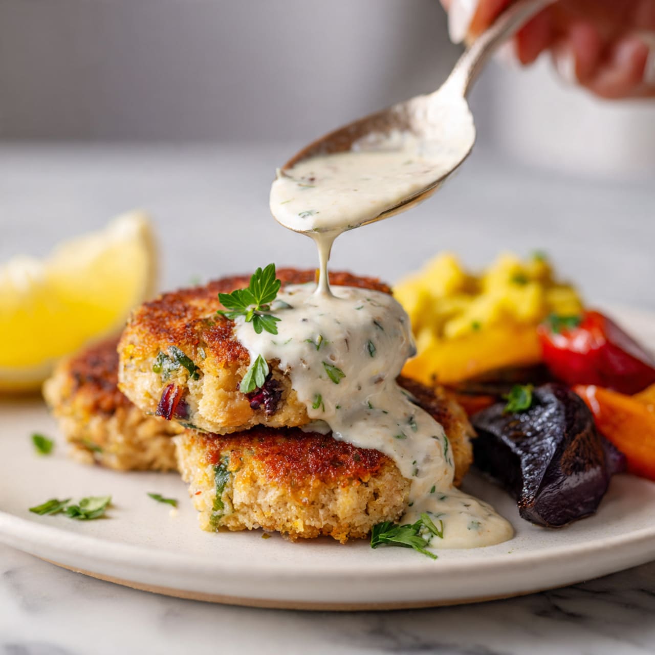 The image shows a white plate on a white marbled surface with two golden-brown patties in the center. A silver spoon held by a woman's hand is drizzling a creamy white sauce with green herbs over the top patty. To the right of the patties, there are colorful roasted vegetables including a dark purple slice, a bright red piece, and yellow mashed food at the back. A small sprig of green herbs is placed on the patties. In the front left corner, there is a blurred wedge of lemon adding a touch of bright yellow. The photo taken with an iphone --ar 4:5 --v 7