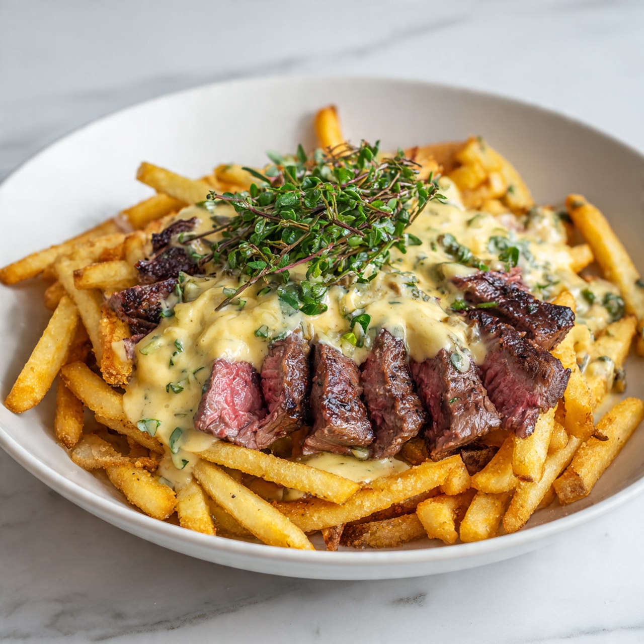 The dish shows a white plate filled with a base layer of crispy golden French fries, scattered with small green herb pieces. On top of the fries, there is a sliced steak cooked medium-rare, showing pink and brown colors with a juicy texture. The steak is covered by a creamy, pale yellow sauce with visible bits of green herbs mixed in. More fresh green herbs are sprinkled over the sauce, adding color contrast. The plate is on a white marbled surface. photo taken with an iphone --ar 4:5 --v 7