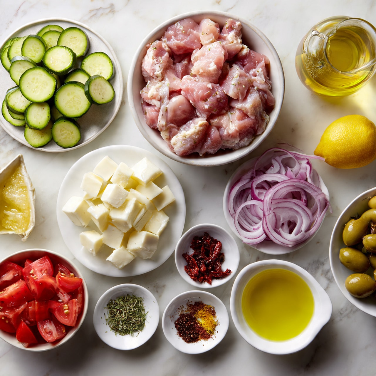 On a white marbled surface, there are several small white dishes arranged in an organized manner. At the center back, a bowl full of raw pink chicken pieces sits prominently. To the left, sliced green zucchini rounds are placed on a white plate. Next to it, two white bowls hold quartered and halved bright red tomatoes. Near the center front, a white bowl contains white cubed cheese, while small white dishes around it hold a yellow olive oil with garlic, mixed green herbs, dried red sun-dried tomatoes, and other spices. On the right side, a white plate has sliced purple onion wedges, and another holds whole green olives. A halved and whole yellow lemon sits next to a small glass of golden olive oil. The overall scene is neat and colorful with fresh ingredients ready for cooking, photo taken with an iphone --ar 4:5 --v 7